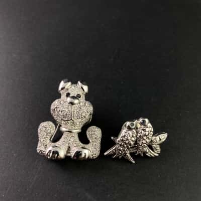 Silver Tone Rhinestone Dog with Black Eyes, Brooch Pin and Love Birds on Branch Brooch Pin Blue Rhinestone Eyes Silver Tone