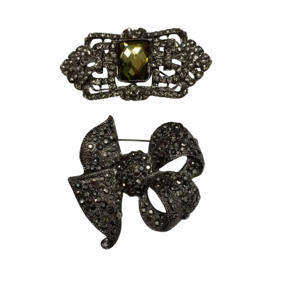 2x Deco Look Brooches Gunmetal Grey w/ Faux Detail (7&6cm Long)