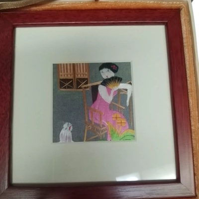 Timeless Treasure Silk Hand Embroidery "Beautiful Girl with Cat"