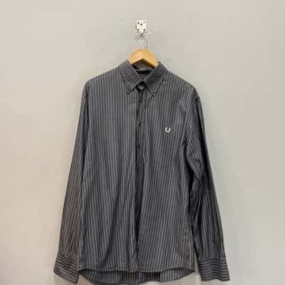 Fred Perry Mens  Size XL Long Sleeve Shirt Grey / Striped / White 