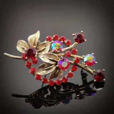 Vintage Red Rhinestone Flower Brooch In Bronze Look Setting 6cm Long