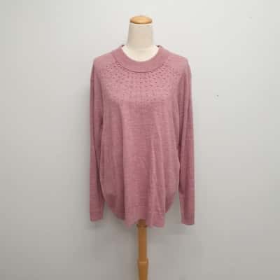 Damart Classy /Dusk Pink with Dusk Pink Pearl Embellished Front Yoke /Crew Neck /Jumper /Sweater Size XL 12/14 