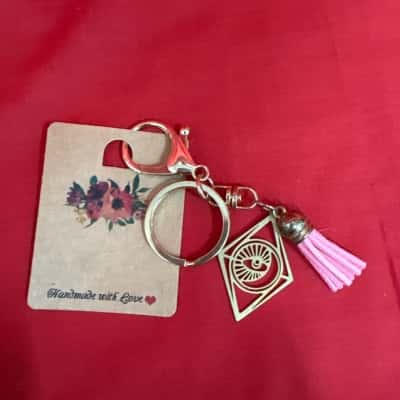  Women's Handmade Gold Tone Key-chain featuring a Geometric Diamond Shape Charm with a Crescent Moon Design