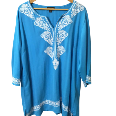 My Size Womens Size M 3/4 Sleeve Floral Blouse, Blue / White 