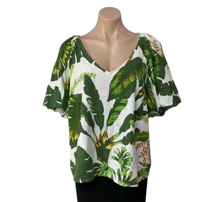 Suzannegrae Womens Size 12 White / Green / Yellow / Brown Leaf Pattern V-neck Top