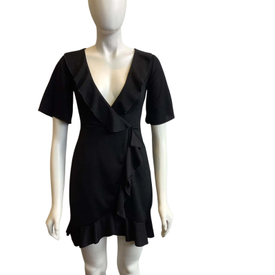 BNWT Pretty Little Thing Women's Size 8 Back Frill Detail Wrap Dress Black 