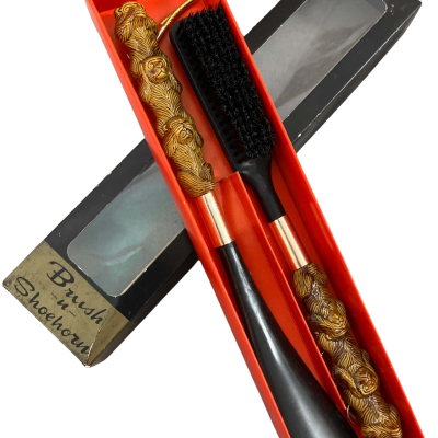 Vintage shoe brush and shoe horn, monkey theme handle