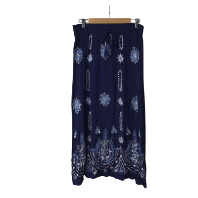 Rockmans Womens Size 10 Navy Blue with White & Blue Embroidered / Embellished Midi Skirt