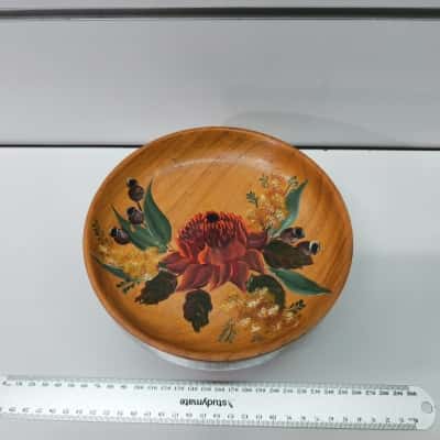 Hand-Turned Radiata Pine Pedestal Bowl with Hand-Painted Australian Native Flora 