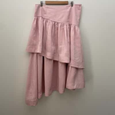 AJE Womens  Size 16 Romy Tiered Midi Skirt - Pink Linen Blend