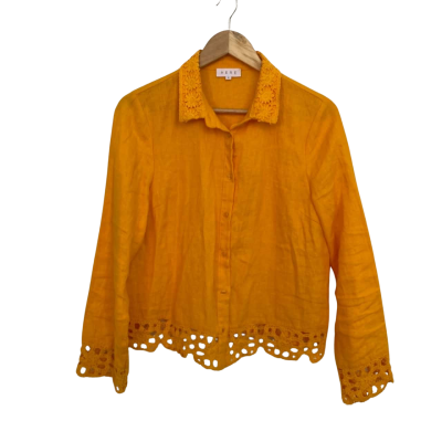 AERE Womens Linen  Size 8 Button Up Top / Long Sleeve Top Orange / Yellow 
