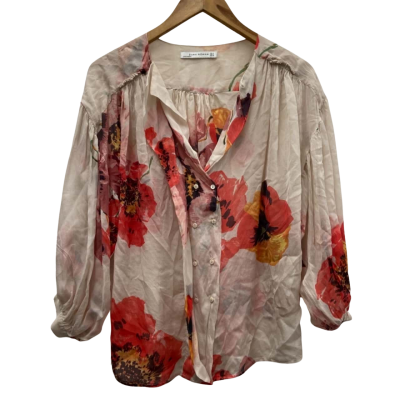 Zara Womens  Size 8-10 SILK 3/4 Sleeve/ Button Up Top Multicoloured 