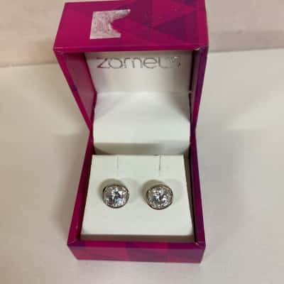 Stamped 925 Round Crystal Stud Earrings 