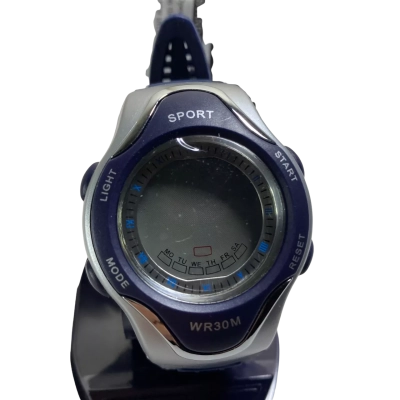 vintage Motile Multi-Function Digital Sports Watch (WR30M) with a silver and navy blue case and a matching blue strap 