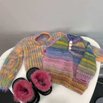 BNWOT Handmade Size 2 approx Jumpers x 2 & Ugg boots (sz6 -14cm)