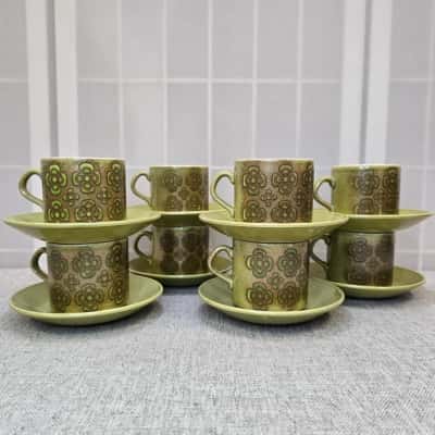 Vintage Kelston Ceramics Set Of 8 Cups & Saucers - Made In New Zealand