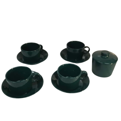Arabia Finland Teema Forest Green Cups and Saucers x 4 and Sugar Bowl and Lid