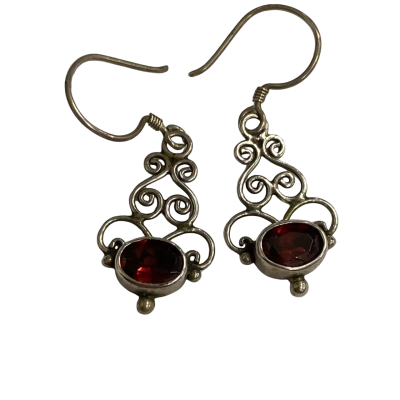  Womens Stirling silver & garnet dangle 3.5cm Earrings 