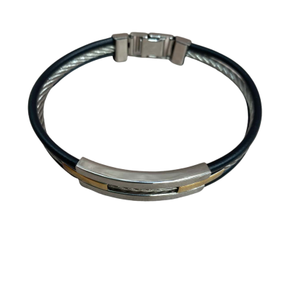 Mens Stainless Steel Cable Bracelet with Black Rubber Accent