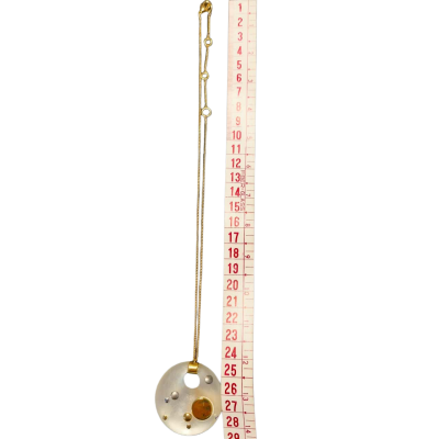  Womens Alexis Bittar Gold tone necklace with Gold / Polka Dot / Silver Lucite Pendant 