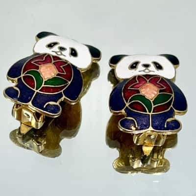 Vintage Cloisonne Panda Bear Lotus Clip Earrings 
