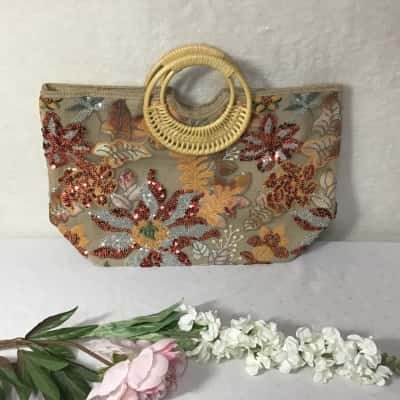 Womens Beige / Embroidered Sequin Pattern Hand Tote Bag 