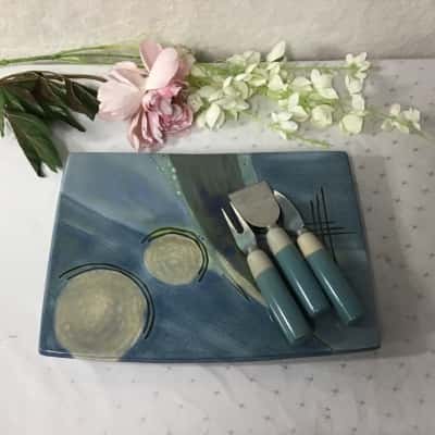 Decorative Blue / Cream Pattern Rectangular Ceramic Platter with Cheese Knife Set