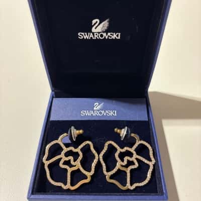 Swarovski Women’s Gold-Tone Flower Motif Pave’ Crystal Openwork hoop Earrings 