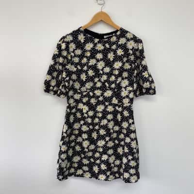 Glamorous Black Dot Floral Puff Sleeve Mini Dress Size 10 