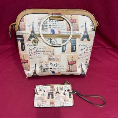  Women's Polomino Super Cute Paris Printed Gold Tone Ring Handle Handbag / Shoulder Bag with matching Purse 
