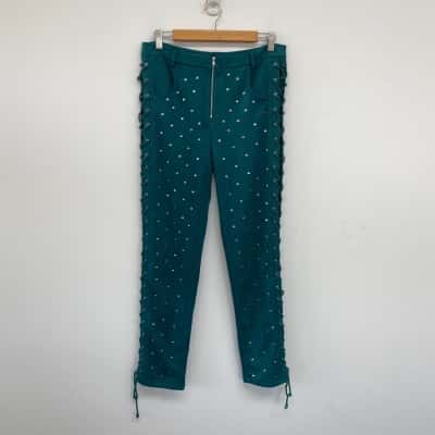LENNI The Label Teal Blue Green Embellished Faux Suede Front Zip Pants  Size L 
