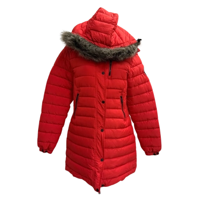 Superdry Womens Size 12 Red Longline Puffer Winter Coat Faux Fur Hood