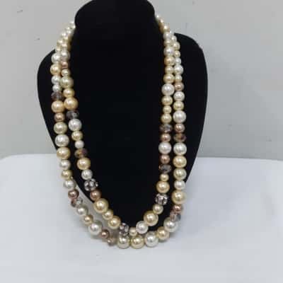 Pearl  Like And Crystal Double Strand Necklace