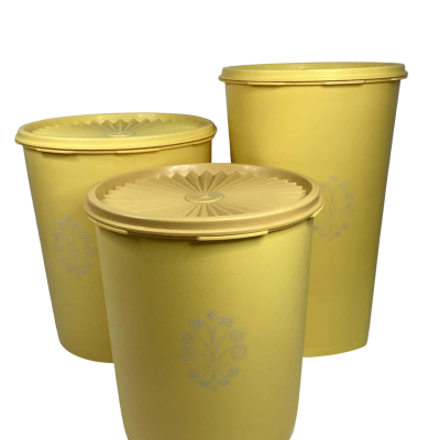 Tupperware yellow Dandelion with white filigree motif 3 piece canister set