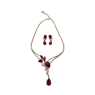  Womens Gold  Plate/ Red Crystals Necklace and Earring Set