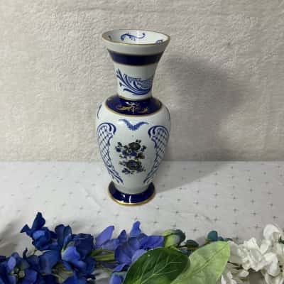 Vintage Limoges Richelieu Peint a la Main White / Blue / Gold Pattern Tall Porcelain Vase
