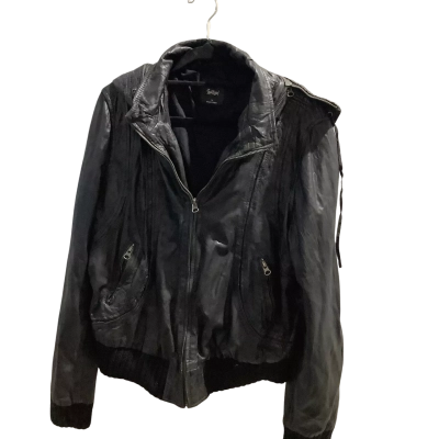 Sportsgirl Womens  Size 14 Leather Jacket With Removable Zipper Hood Black  
