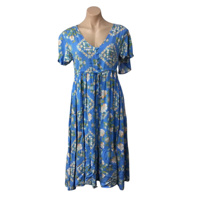 New U Collection Womens Size 8 Blue / White / Orange / Green Floral Short Sleeve Midi Dress