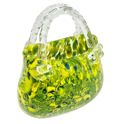 Vintage Handblown Art Glass Murano Style Glass Purse Vase Yellow Green 