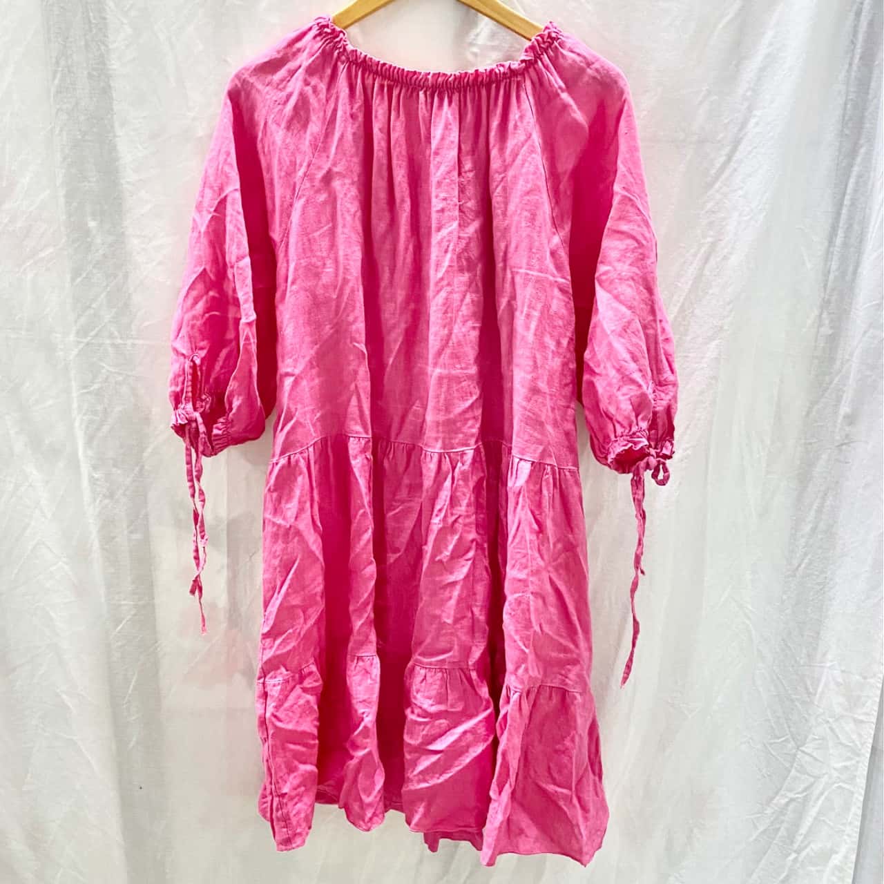 chinese dress ladies Bellambra Women's Plus Made in Italy Linen Split Neck Tiered Midi Dress