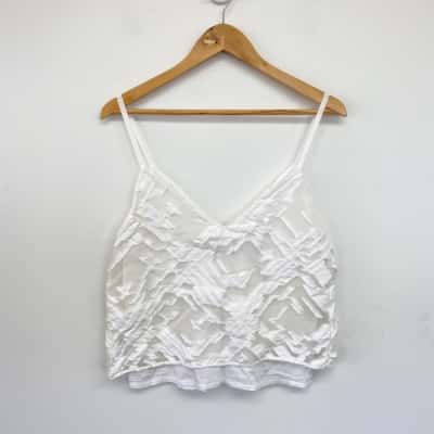 Scanlan Theodore White V-Neck Lightweight Textured Fringe Overlay Cami Top  Size 8 