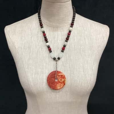  Chinese Red Jade Pendant on an Adjustable Beaded Necklace Black  / Red 