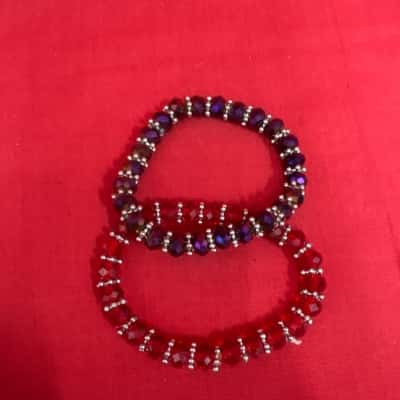  Women's Faceted Glass Crystals Beaded Elasticated Bracelets x 2 Red and Purple