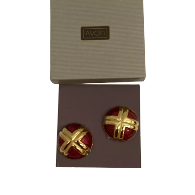 Vintage Avon Red Gold Tone Round Clip On Earrings