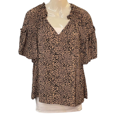 Seed Heritage Womens  Size 8 Blouse / Short Sleeve Top / V-Neck Top Animal print / Black  / Khaki 