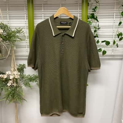 Country Road 100% Cotton and Linen Mens Polo Waffle Knit Shirt Khaki 
