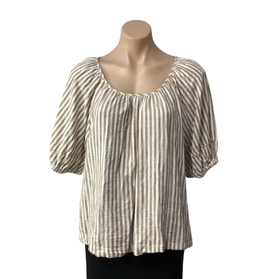 Suzannegrae Womens Size 16 Linen Blend Brown & White Striped Short Sleeve Top 