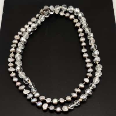 Very Different & Versatile Necklace Of Superb Grey Freshwater Pearls & Cut Crystal Necklace 96cm