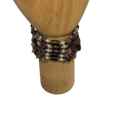  Women's multi-strand Amethyst Chip and Faux Pearl with Hematite Bracelet 