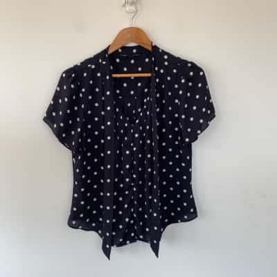 Jacqui-E Navy Blue Polka Dot Short Sleeve Blouse Top Size 12 